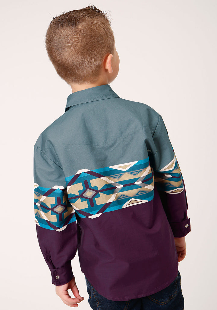 BOYS LONG SLEEVE SNAP TILE AZTEC BORDER PRINT WESTERN SHIRT