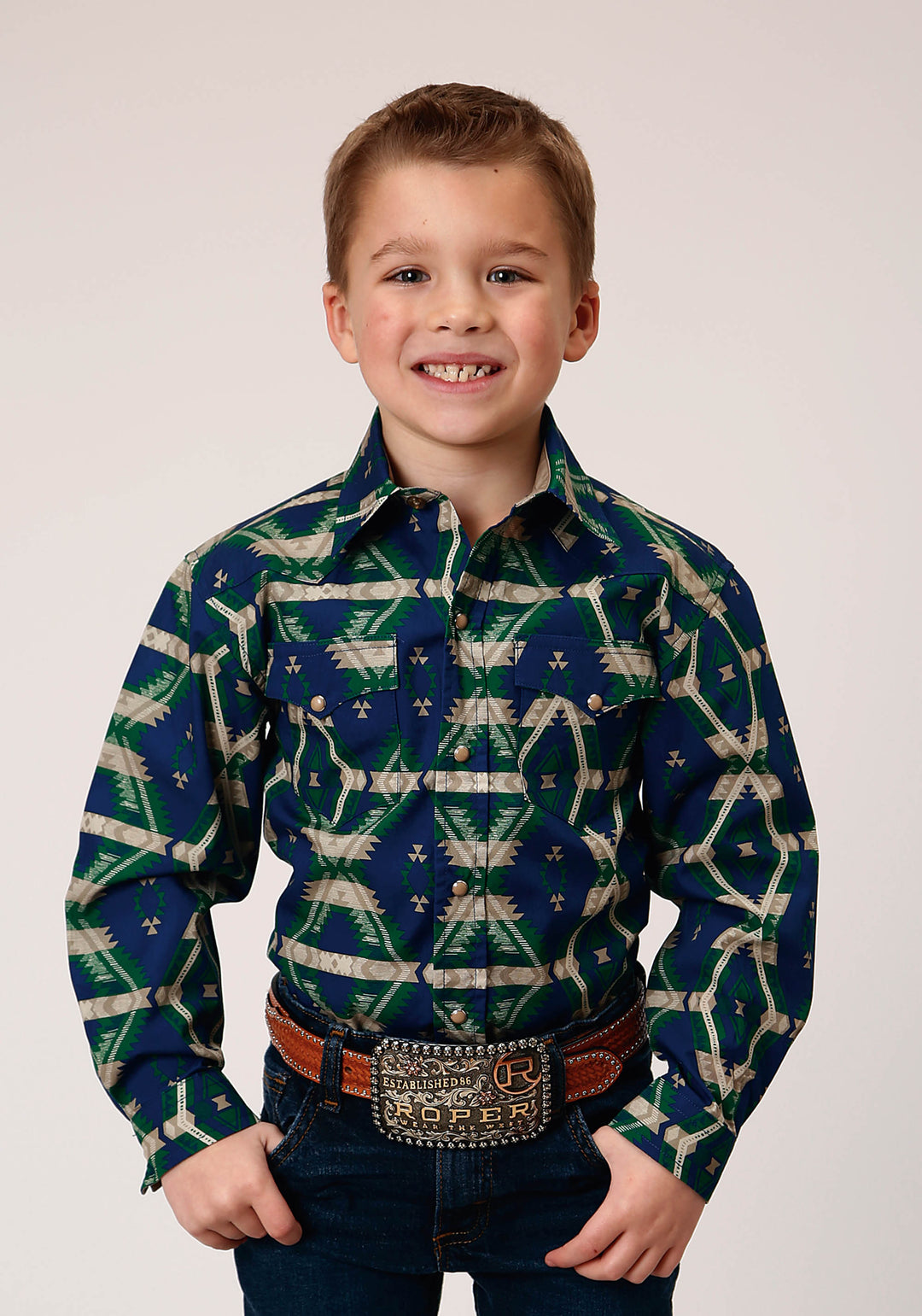 BOYS LONG SLEEVE SNAP NAVY AZTEC ALLOVER PRINT WESTERN SHIRT