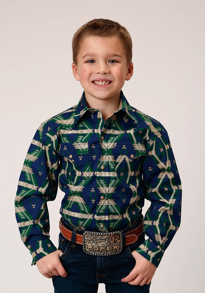 BOYS LONG SLEEVE SNAP NAVY AZTEC ALLOVER PRINT WESTERN SHIRT