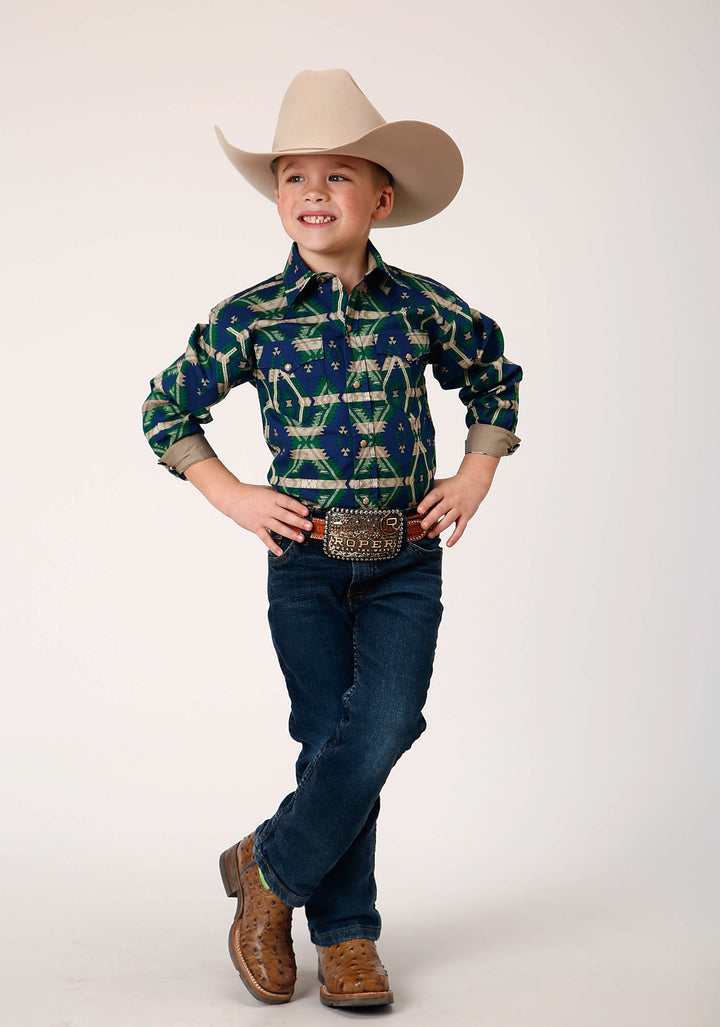 BOYS LONG SLEEVE SNAP NAVY AZTEC ALLOVER PRINT WESTERN SHIRT