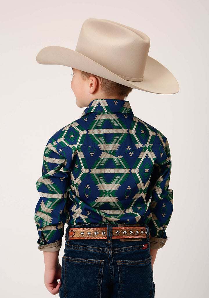 BOYS LONG SLEEVE SNAP NAVY AZTEC ALLOVER PRINT WESTERN SHIRT