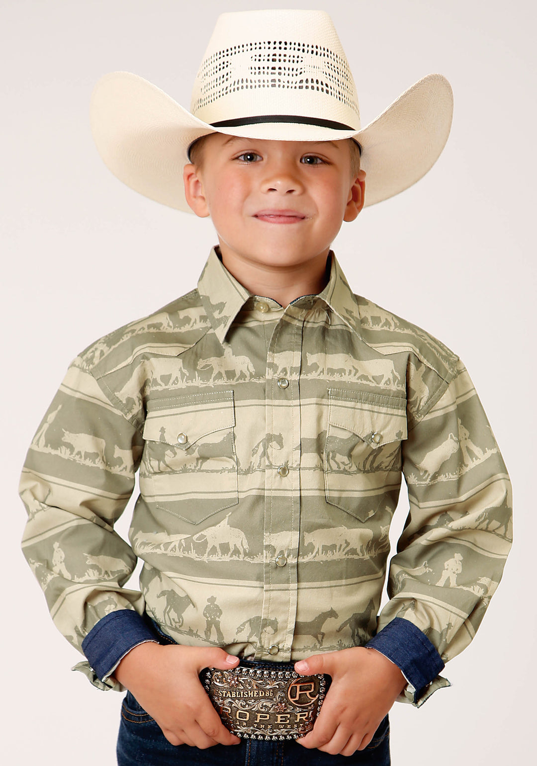 BOYS LONG SLEEVE SNAP COWBOY RUGBY HORIZONTAL PRINT WESTERN SHIRT