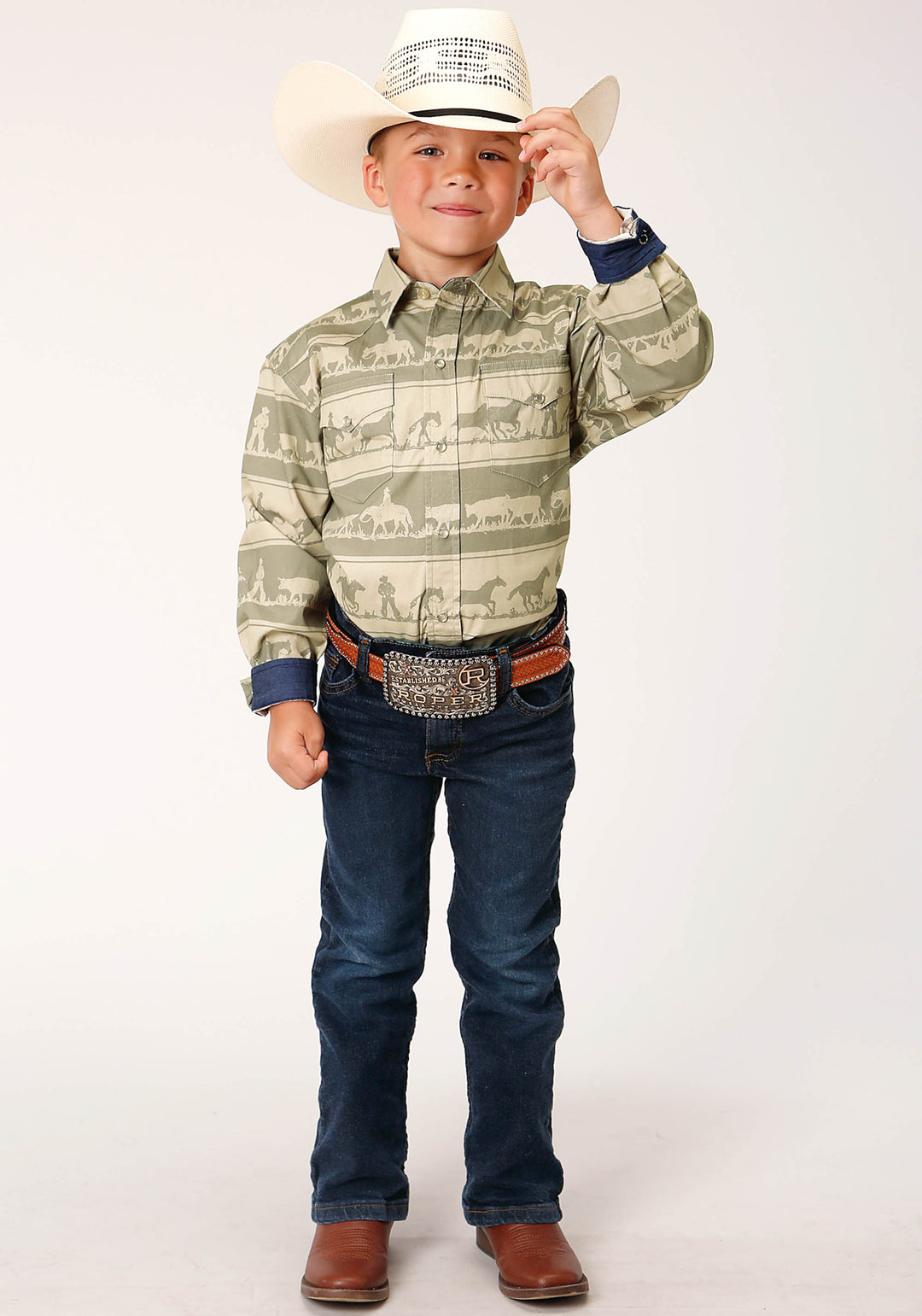 BOYS LONG SLEEVE SNAP COWBOY RUGBY HORIZONTAL PRINT WESTERN SHIRT