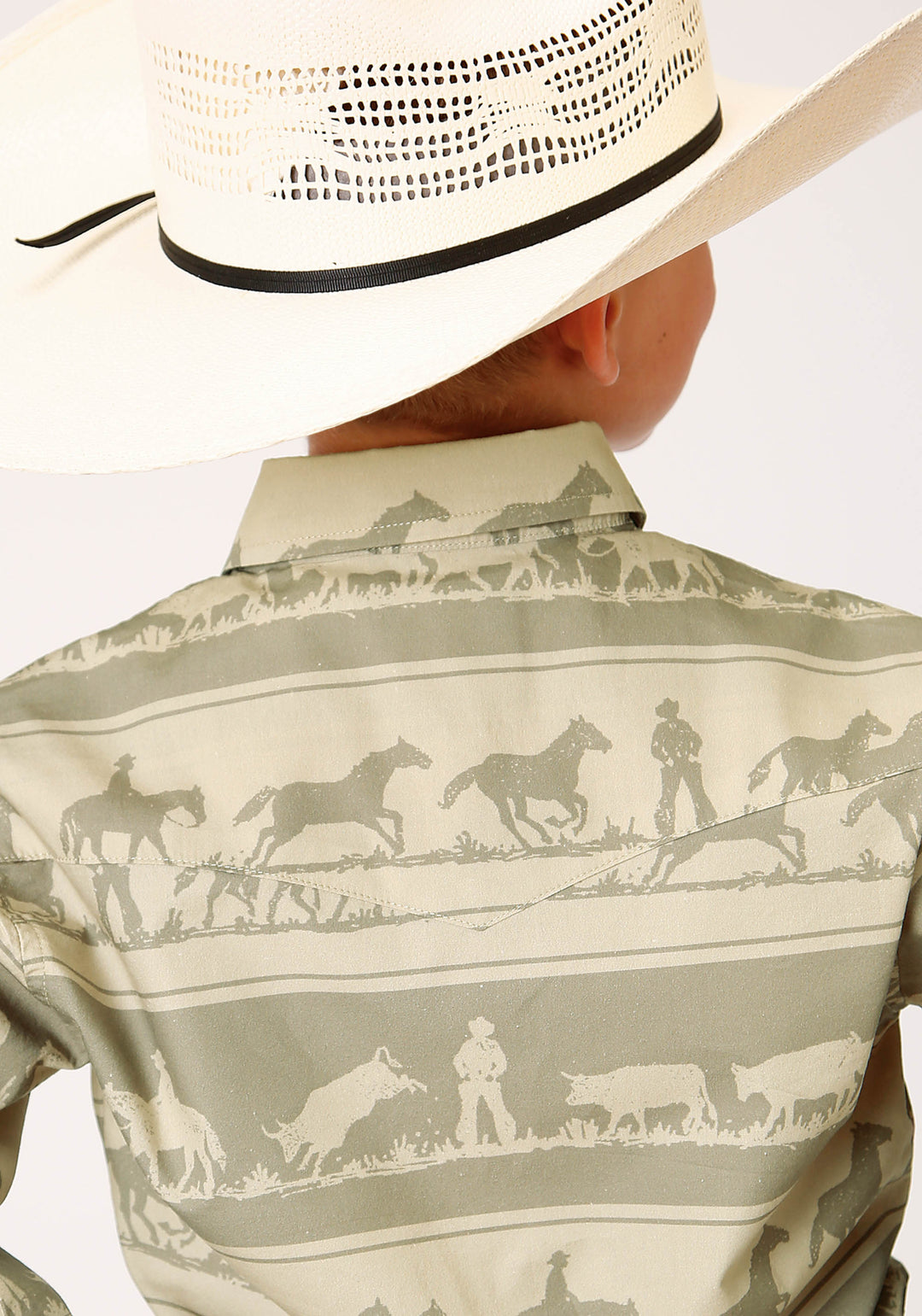 BOYS LONG SLEEVE SNAP COWBOY RUGBY HORIZONTAL PRINT WESTERN SHIRT