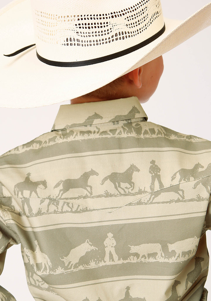 BOYS LONG SLEEVE SNAP COWBOY RUGBY HORIZONTAL PRINT WESTERN SHIRT