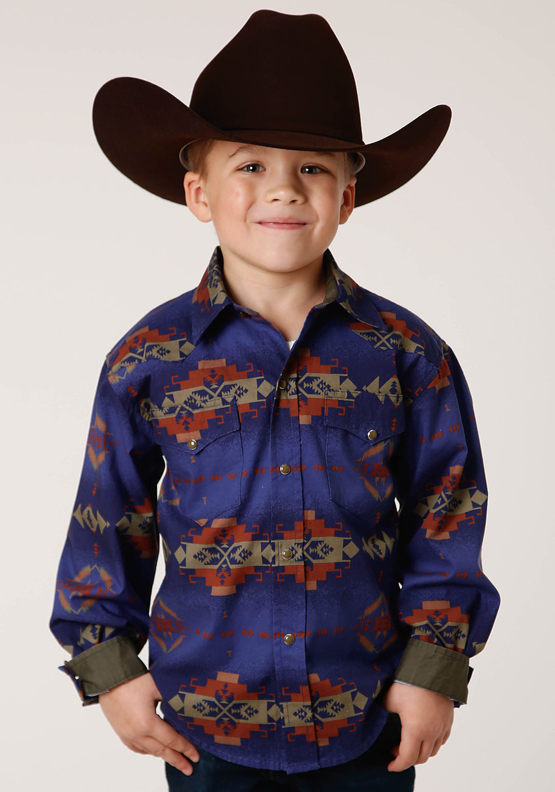 BOYS LONG SLEEVE SNAP NIGHT AZTEC PRINT WESTERN SHIRT