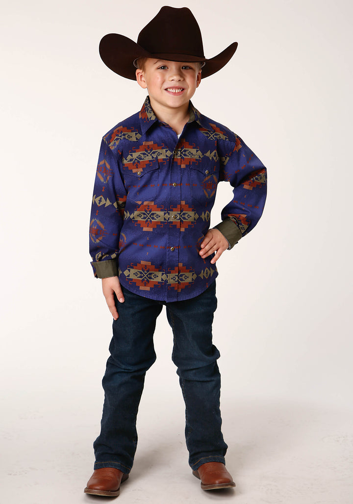 BOYS LONG SLEEVE SNAP NIGHT AZTEC PRINT WESTERN SHIRT