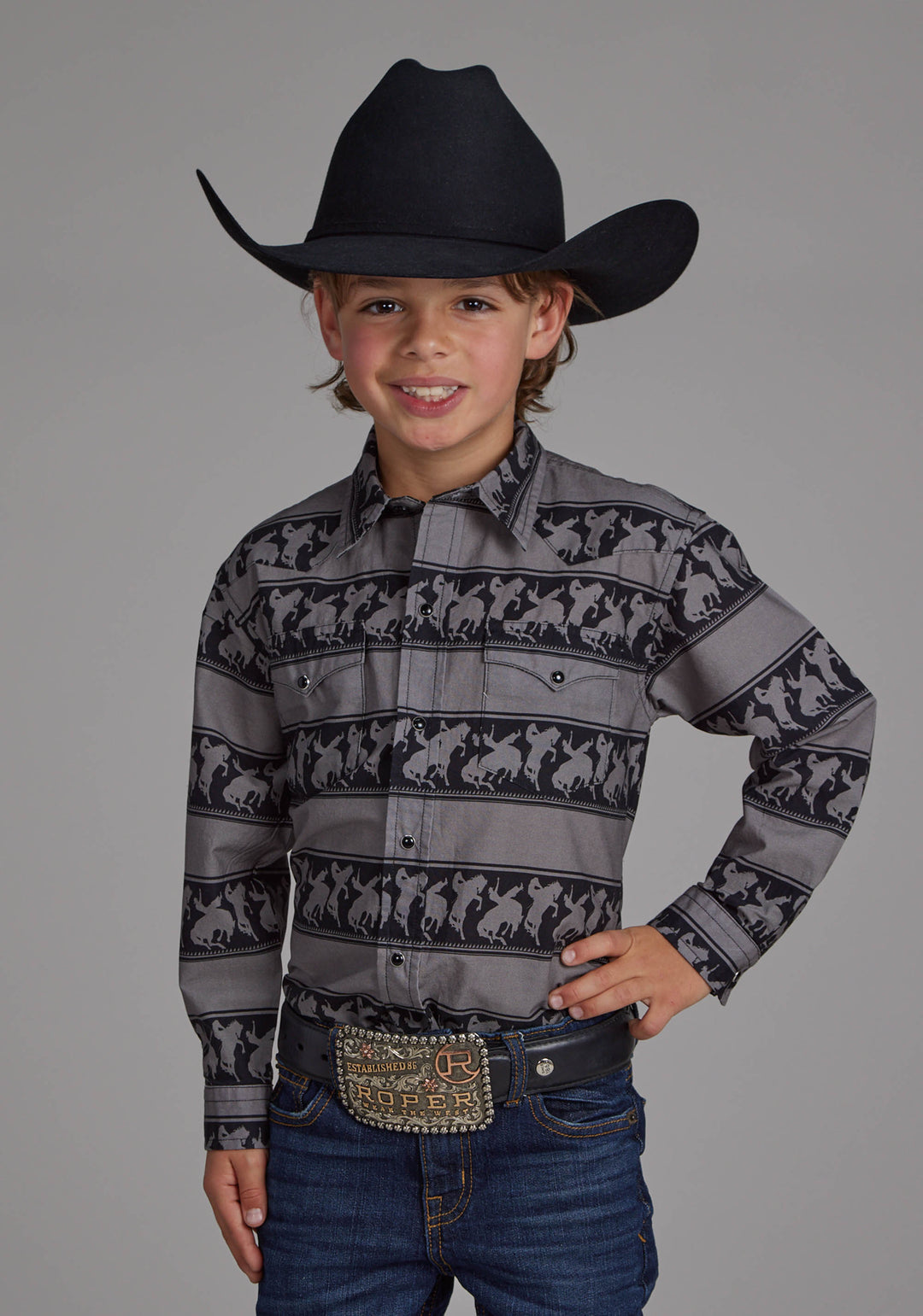 BOYS HORIZONTAL RODEO STRIPE LONG SLEEVE BUTTON WESTERN SHIRT