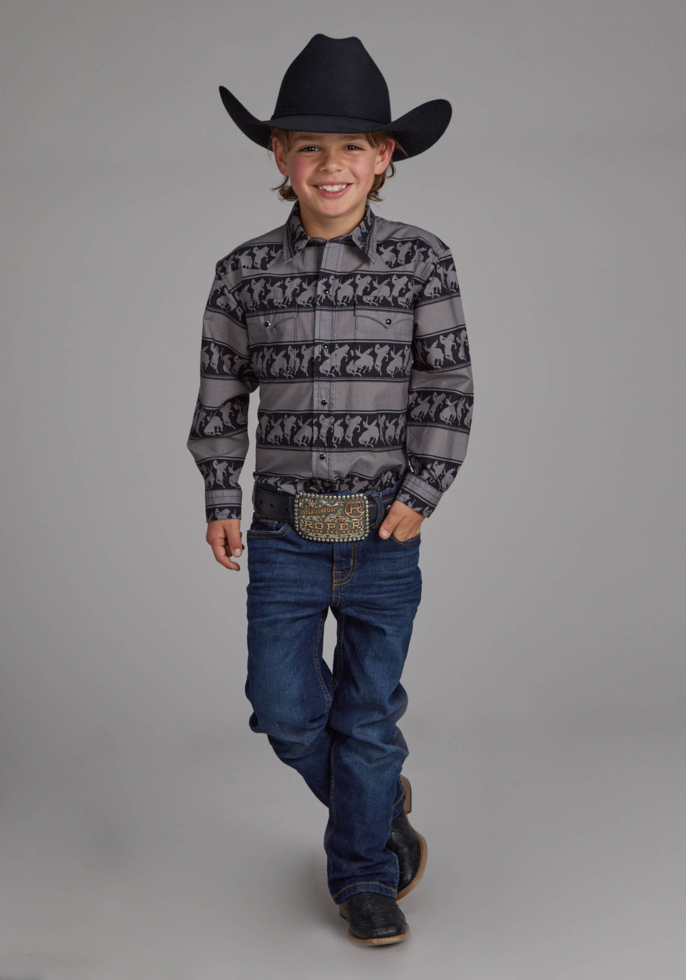 BOYS HORIZONTAL RODEO STRIPE LONG SLEEVE BUTTON WESTERN SHIRT
