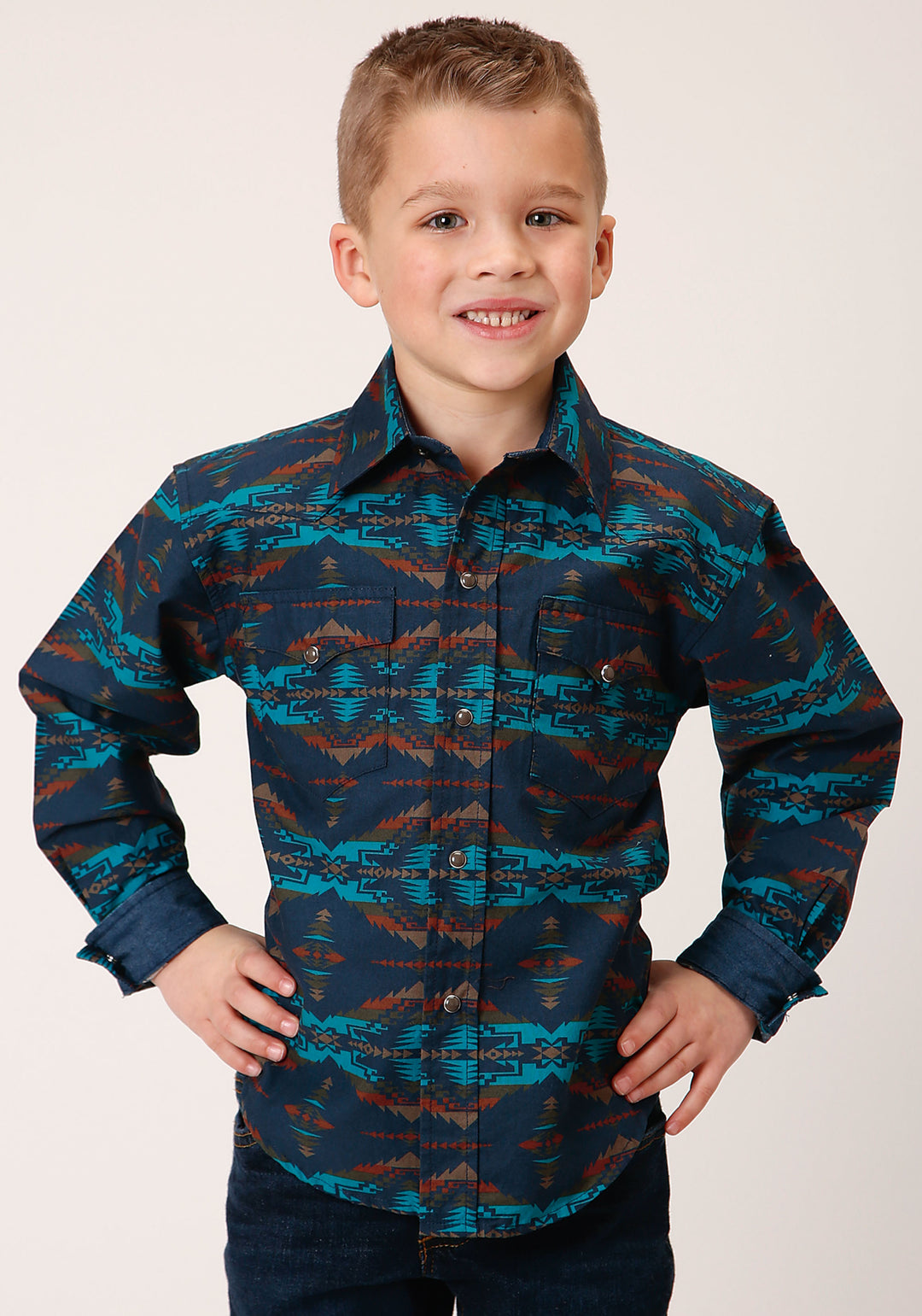 BOYS LONG SLEEVE SNAP TURQUOISE BLANKET HORIZONTAL PRINT WESTERN SHIRT