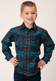 BOYS LONG SLEEVE SNAP TURQUOISE BLANKET HORIZONTAL PRINT WESTERN SHIRT