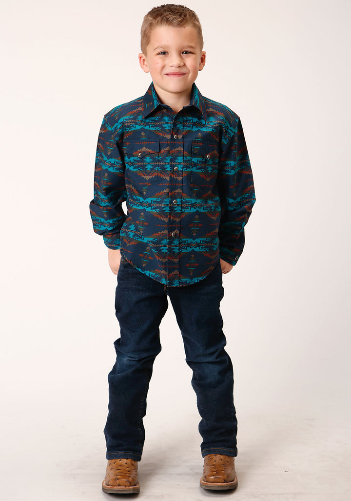 BOYS LONG SLEEVE SNAP TURQUOISE BLANKET HORIZONTAL PRINT WESTERN SHIRT