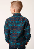 BOYS LONG SLEEVE SNAP TURQUOISE BLANKET HORIZONTAL PRINT WESTERN SHIRT