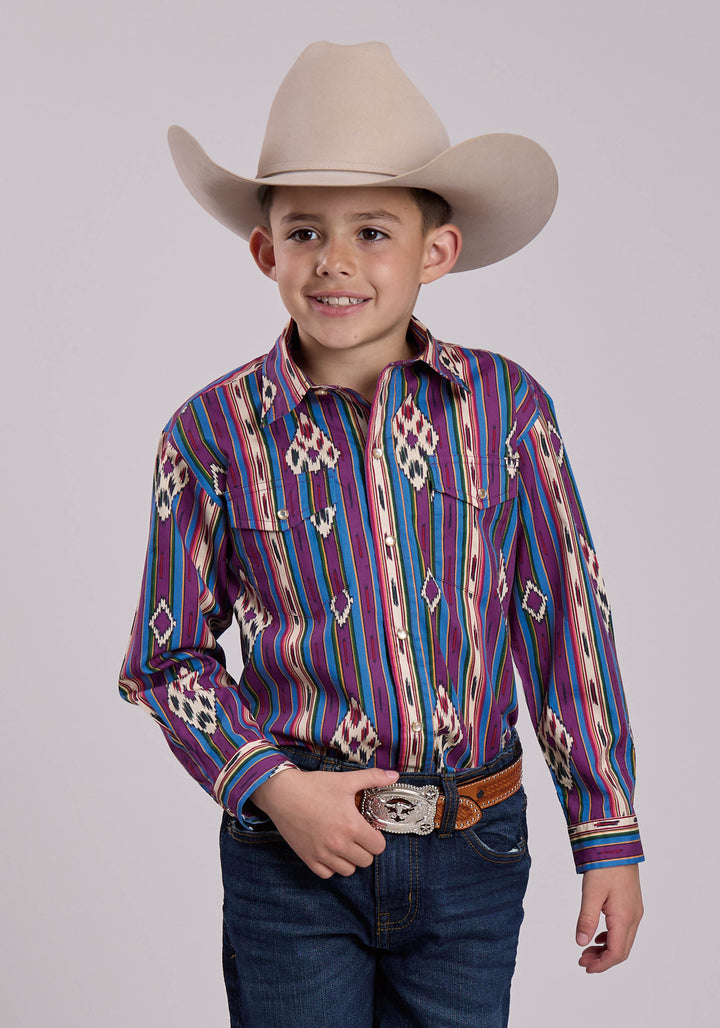 BOYS LONG SLEEVE SNAP VINTAGE STRIPE WESTERN SHIRT