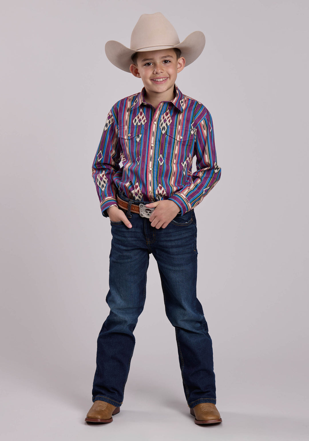 BOYS LONG SLEEVE SNAP VINTAGE STRIPE WESTERN SHIRT