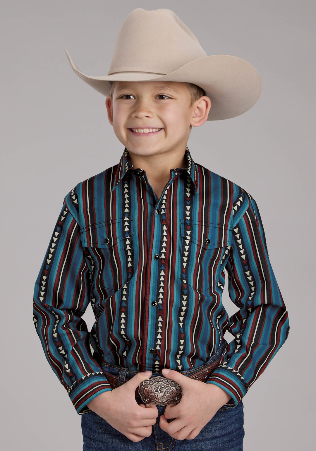 BOYS VERTICAL STRIPE LONG SLEEVE SNAP WESTERN SHIRT