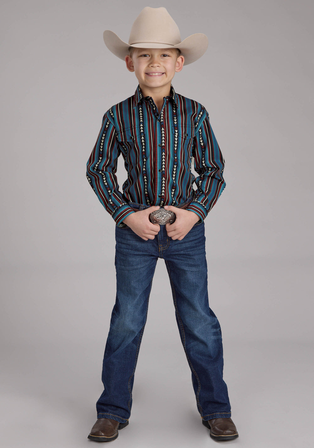 BOYS VERTICAL STRIPE LONG SLEEVE SNAP WESTERN SHIRT