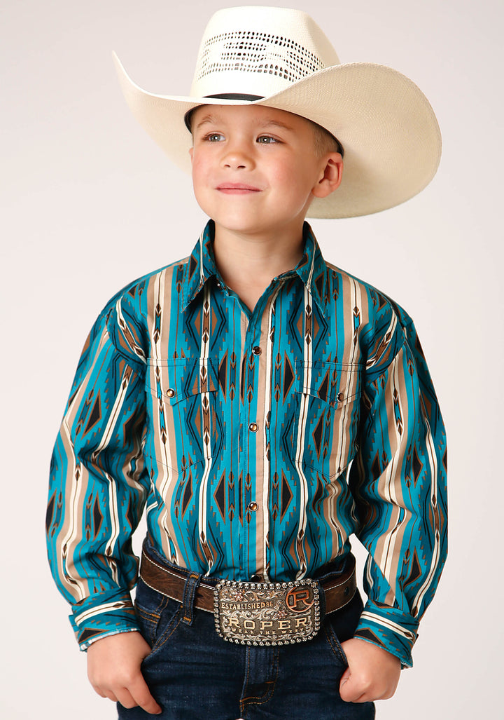 BOYS LONG SLEEVE SNAP AZTEC STRIPE WESTERN SHIRT