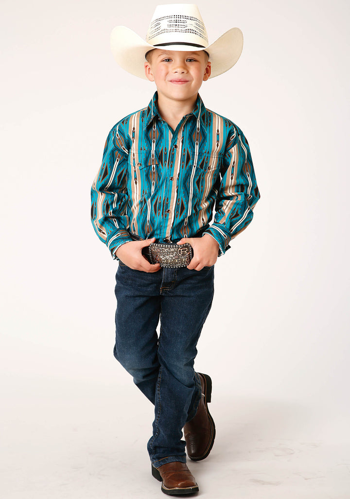 BOYS LONG SLEEVE SNAP AZTEC STRIPE WESTERN SHIRT