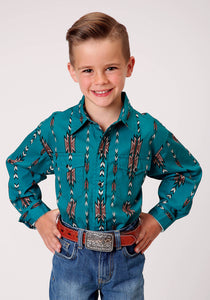 BOYS LONG SLEEVE SNAP TEAL AZTEC STRIPE WESTERN SHIRT