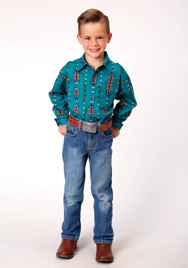 BOYS LONG SLEEVE SNAP TEAL AZTEC STRIPE WESTERN SHIRT