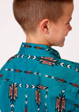 BOYS LONG SLEEVE SNAP TEAL AZTEC STRIPE WESTERN SHIRT