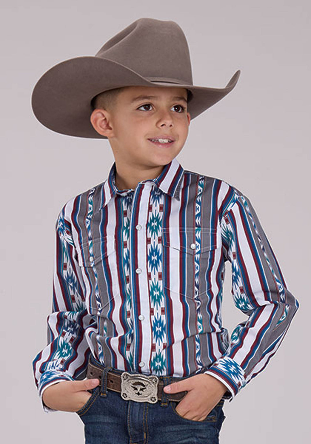 BOYS VERTICAL RETRO STRIPE LONG SLEEVE SNAP WESTERN SHIRT