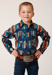 BOYS LONG SLEEVE SNAP NAVY AZTEC STRIPE WESTERN SHIRT