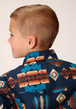 BOYS LONG SLEEVE SNAP NAVY AZTEC STRIPE WESTERN SHIRT