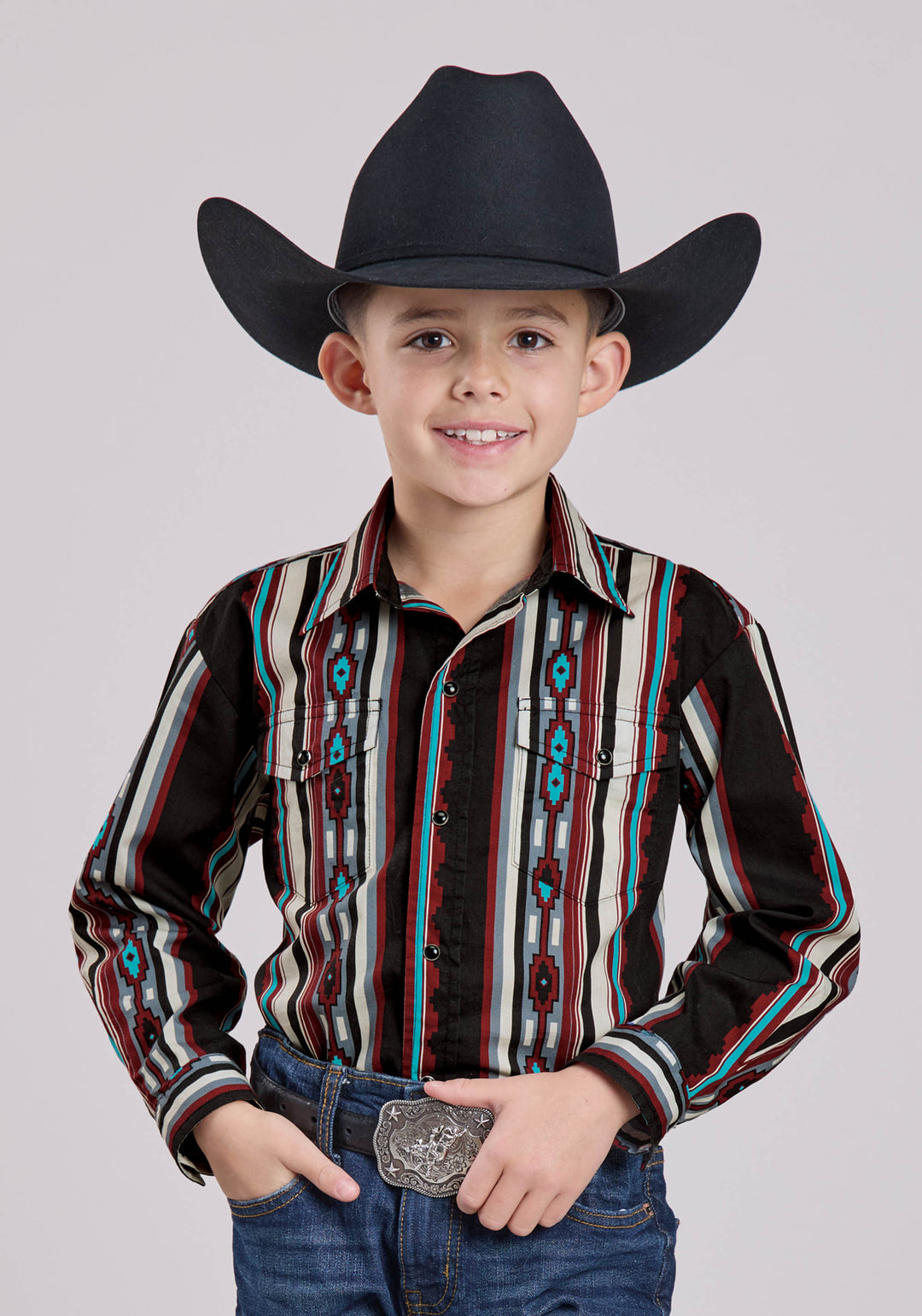 BOYS LONG SLEEVE SNAP SERAPE STRIPE WESTERN SHIRT
