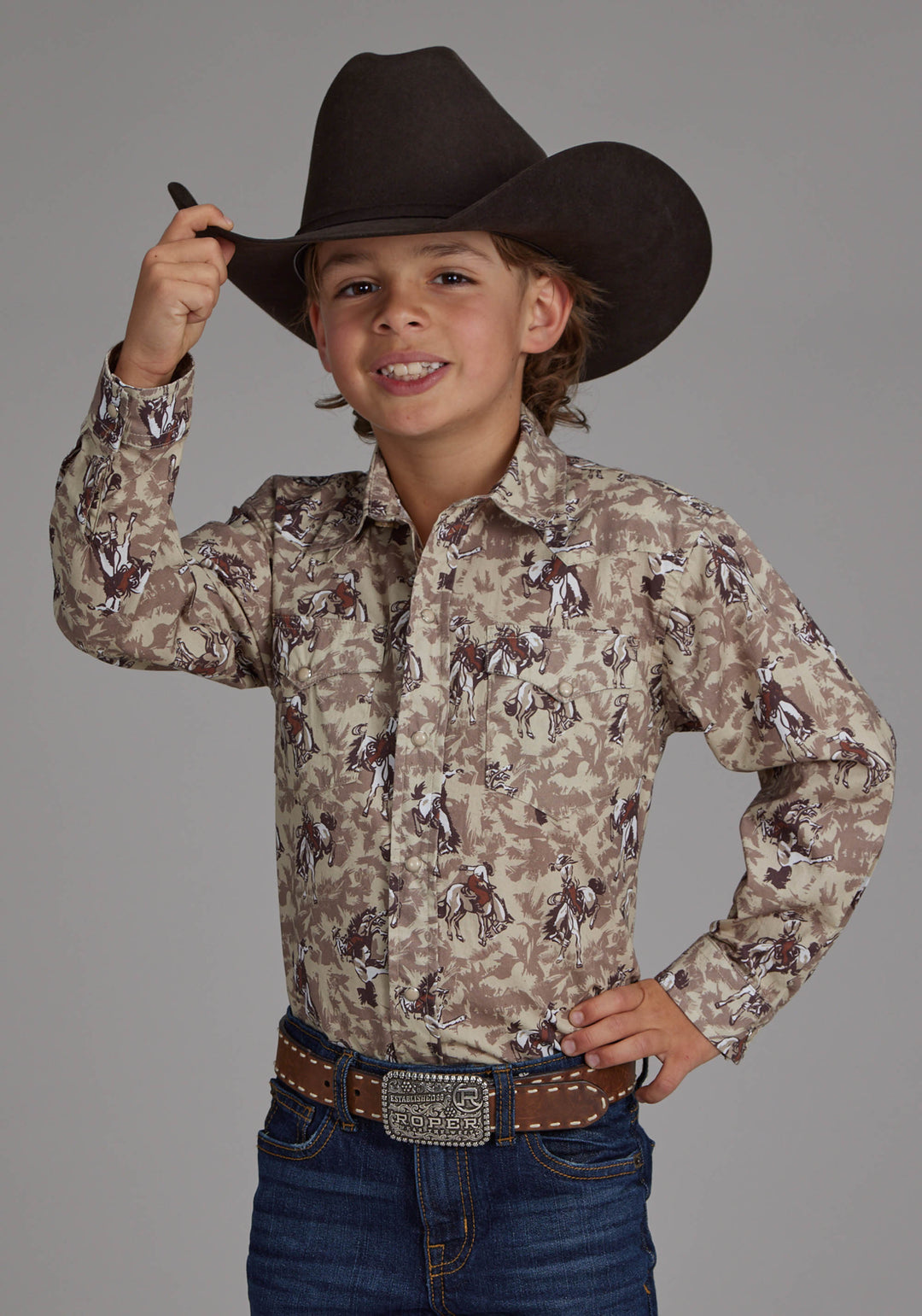 BOYS BRUSHSTROKE COWBOYS PRINT LONG SLEEVE SNAP WESTERN SHIRT