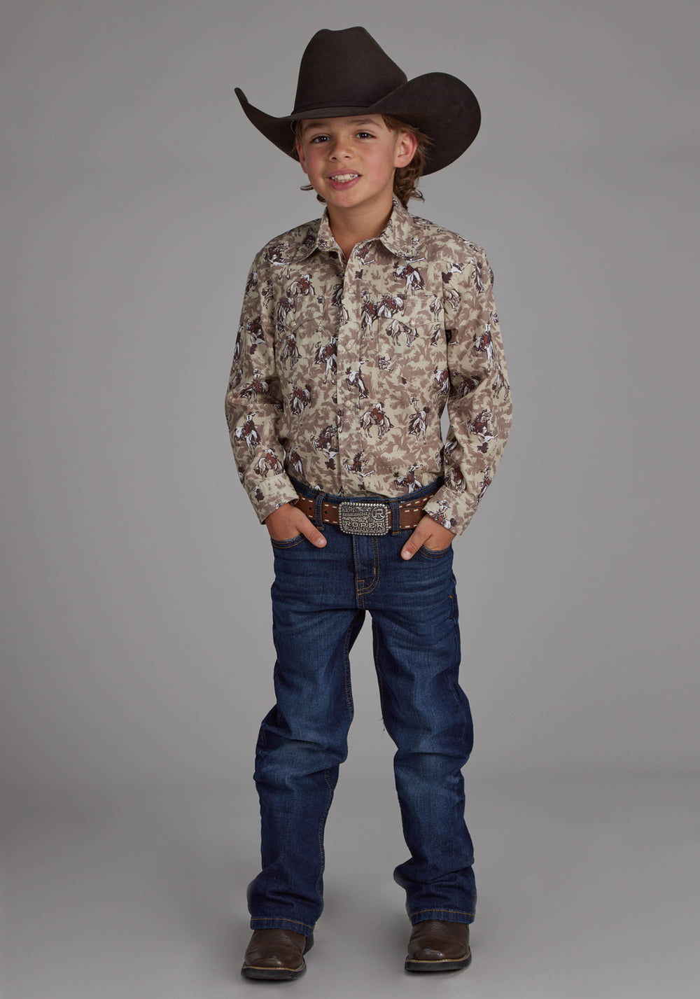 BOYS BRUSHSTROKE COWBOYS PRINT LONG SLEEVE SNAP WESTERN SHIRT