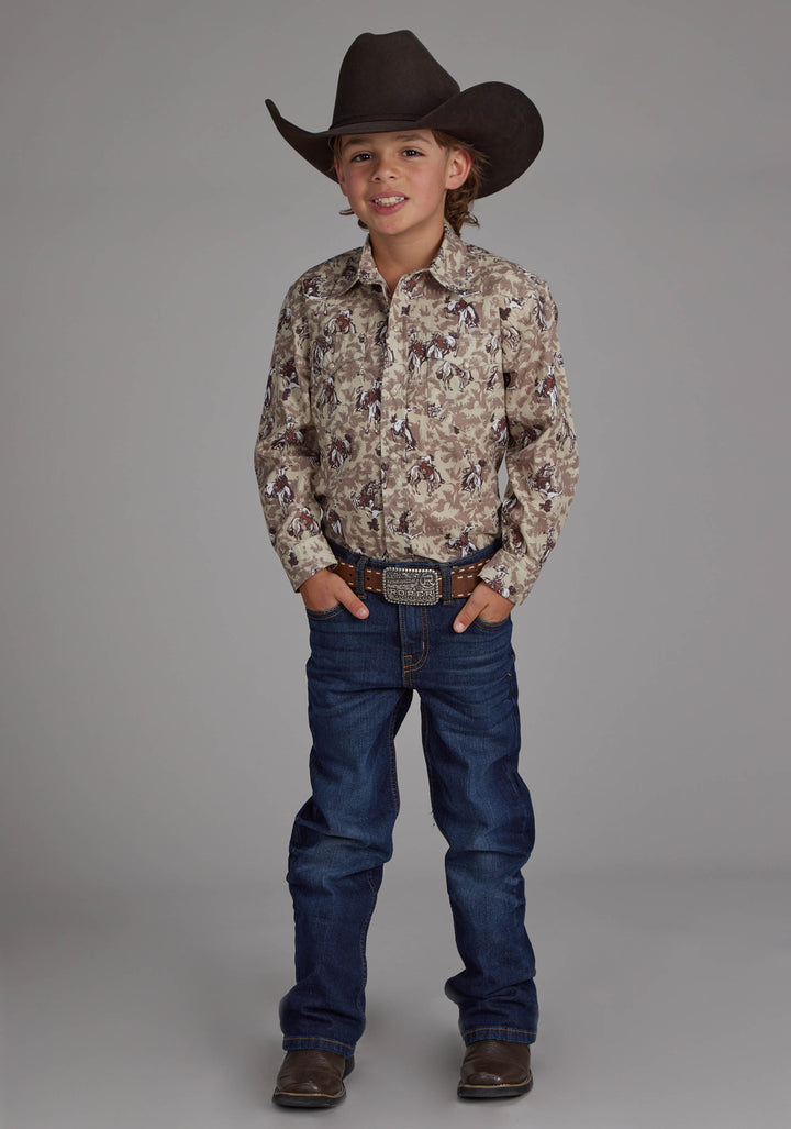 BOYS BRUSHSTROKE COWBOYS PRINT LONG SLEEVE SNAP WESTERN SHIRT