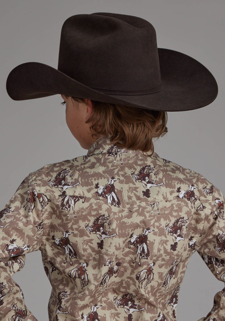 BOYS BRUSHSTROKE COWBOYS PRINT LONG SLEEVE SNAP WESTERN SHIRT