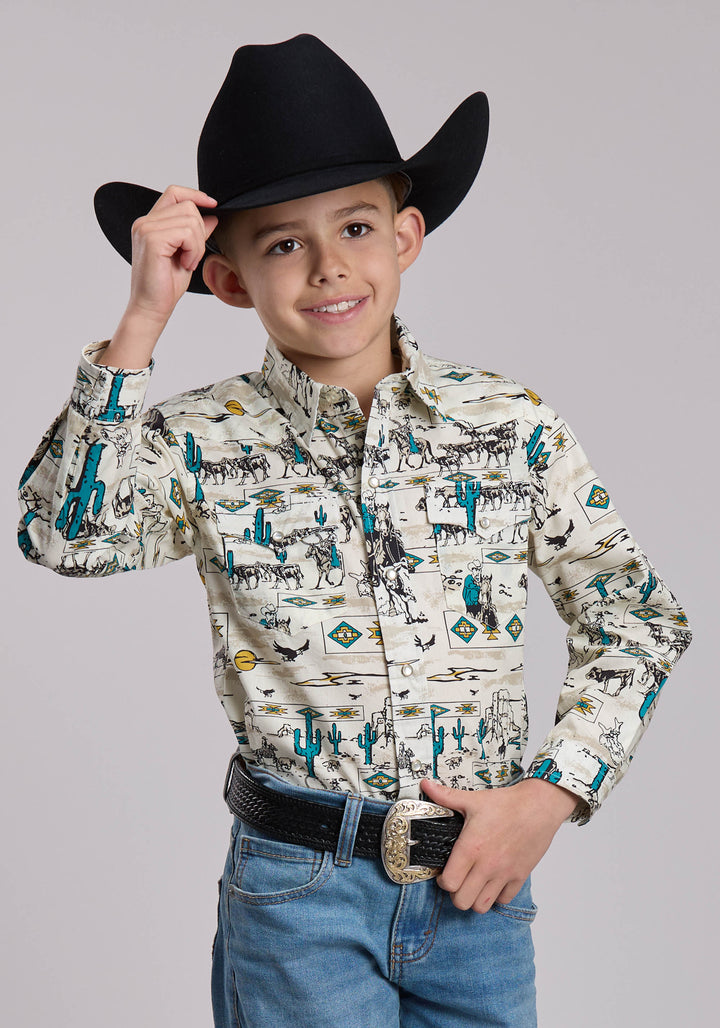 BOYS ROPER VINTAGE POSTCARD PRINT WESTERN SNAP SHIRT