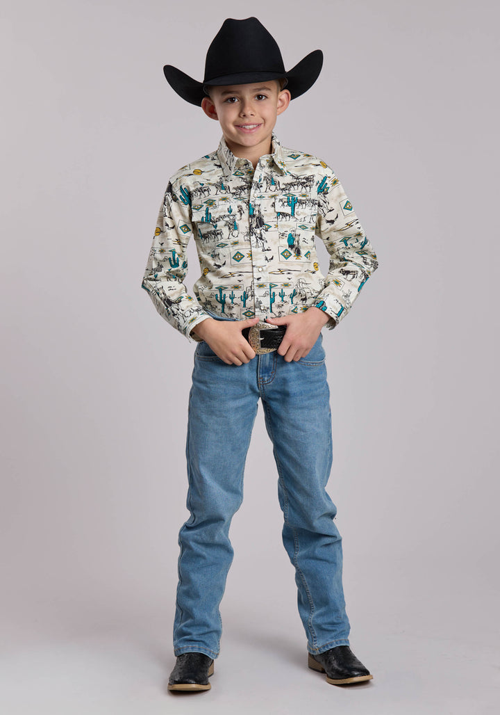 BOYS ROPER VINTAGE POSTCARD PRINT WESTERN SNAP SHIRT