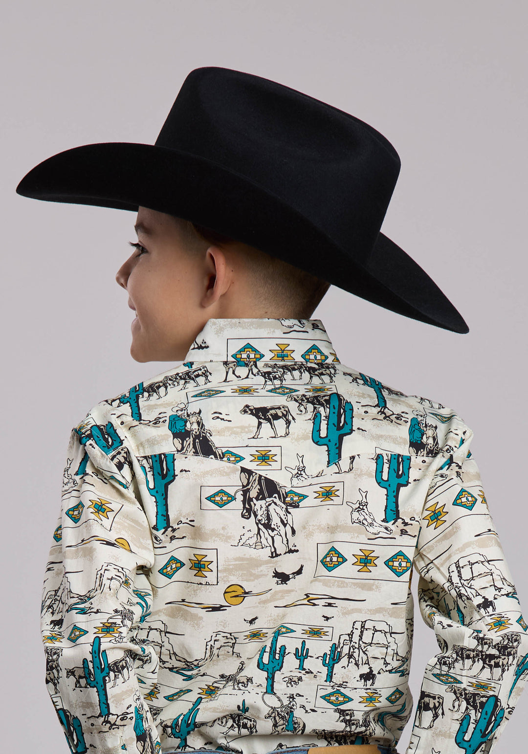 BOYS ROPER VINTAGE POSTCARD PRINT WESTERN SNAP SHIRT