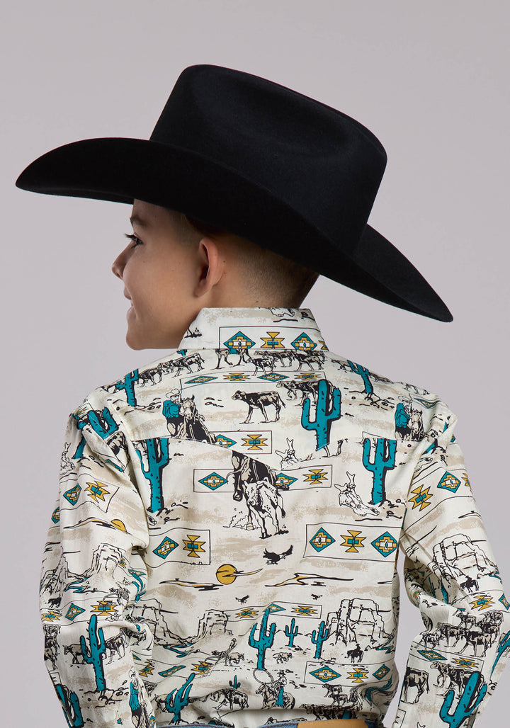 BOYS ROPER VINTAGE POSTCARD PRINT WESTERN SNAP SHIRT