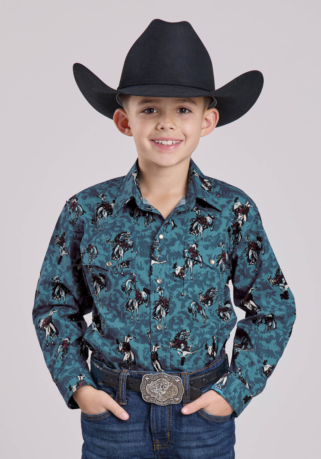 BOYS LONG SLEEVE SNAP BRUSHSTROKE COWBOYS PRINT WESTERN SHIRT