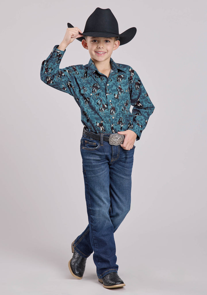 BOYS LONG SLEEVE SNAP BRUSHSTROKE COWBOYS PRINT WESTERN SHIRT