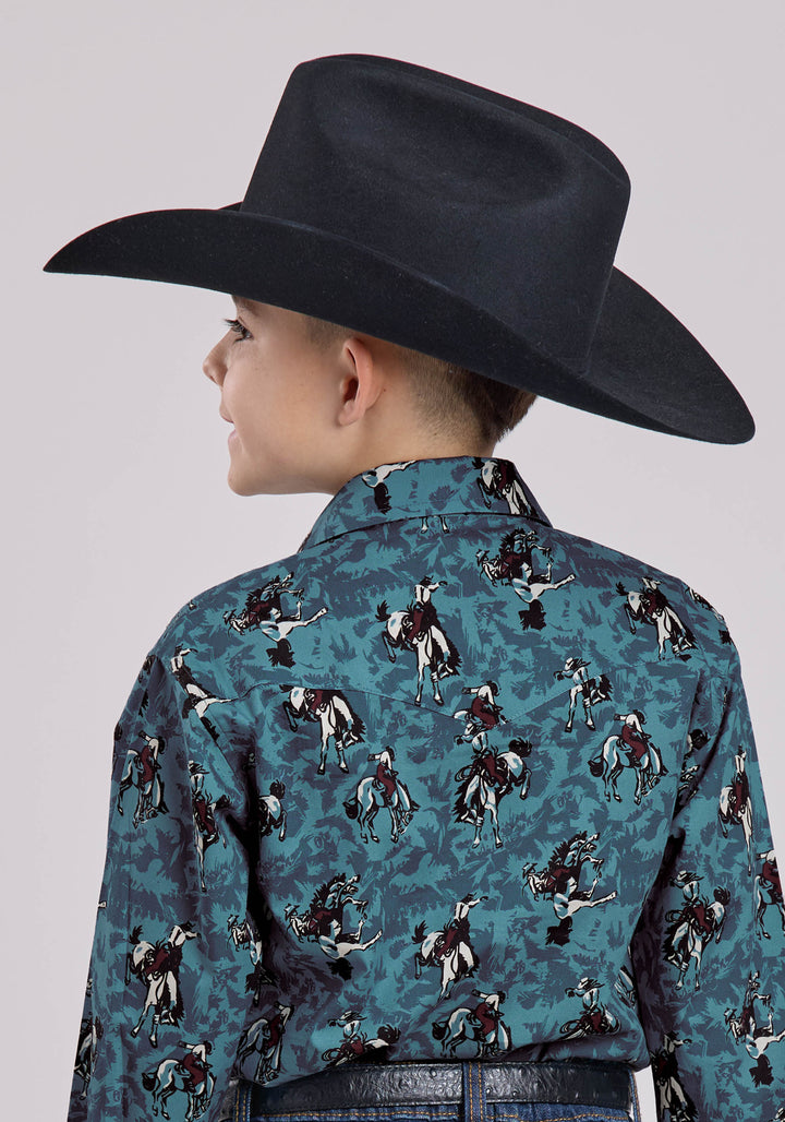 BOYS LONG SLEEVE SNAP BRUSHSTROKE COWBOYS PRINT WESTERN SHIRT