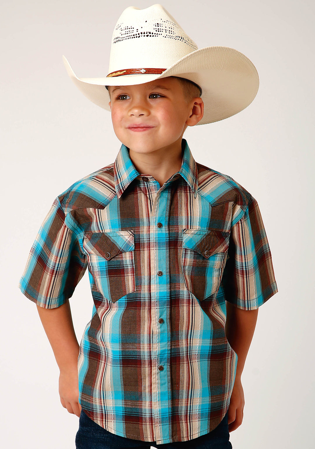 BOYS SHORT SLEEVE SNAP DESERT DOBBY PLAID WESTERN SHIRT