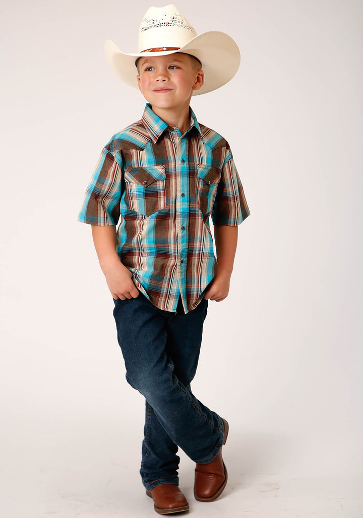 BOYS SHORT SLEEVE SNAP DESERT DOBBY PLAID WESTERN SHIRT