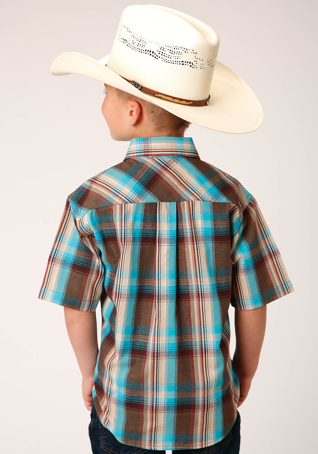 BOYS SHORT SLEEVE SNAP DESERT DOBBY PLAID WESTERN SHIRT