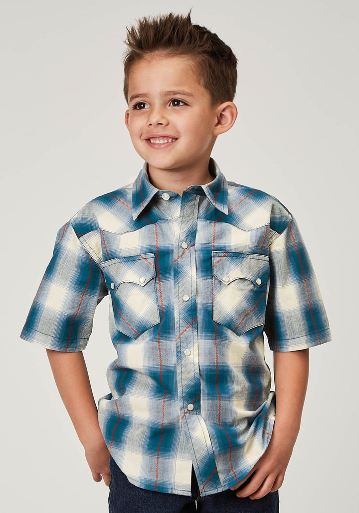 BOYS SHORT SLEEVE SNAP ARROW DOBBY PLAID WESTERN SHIRT