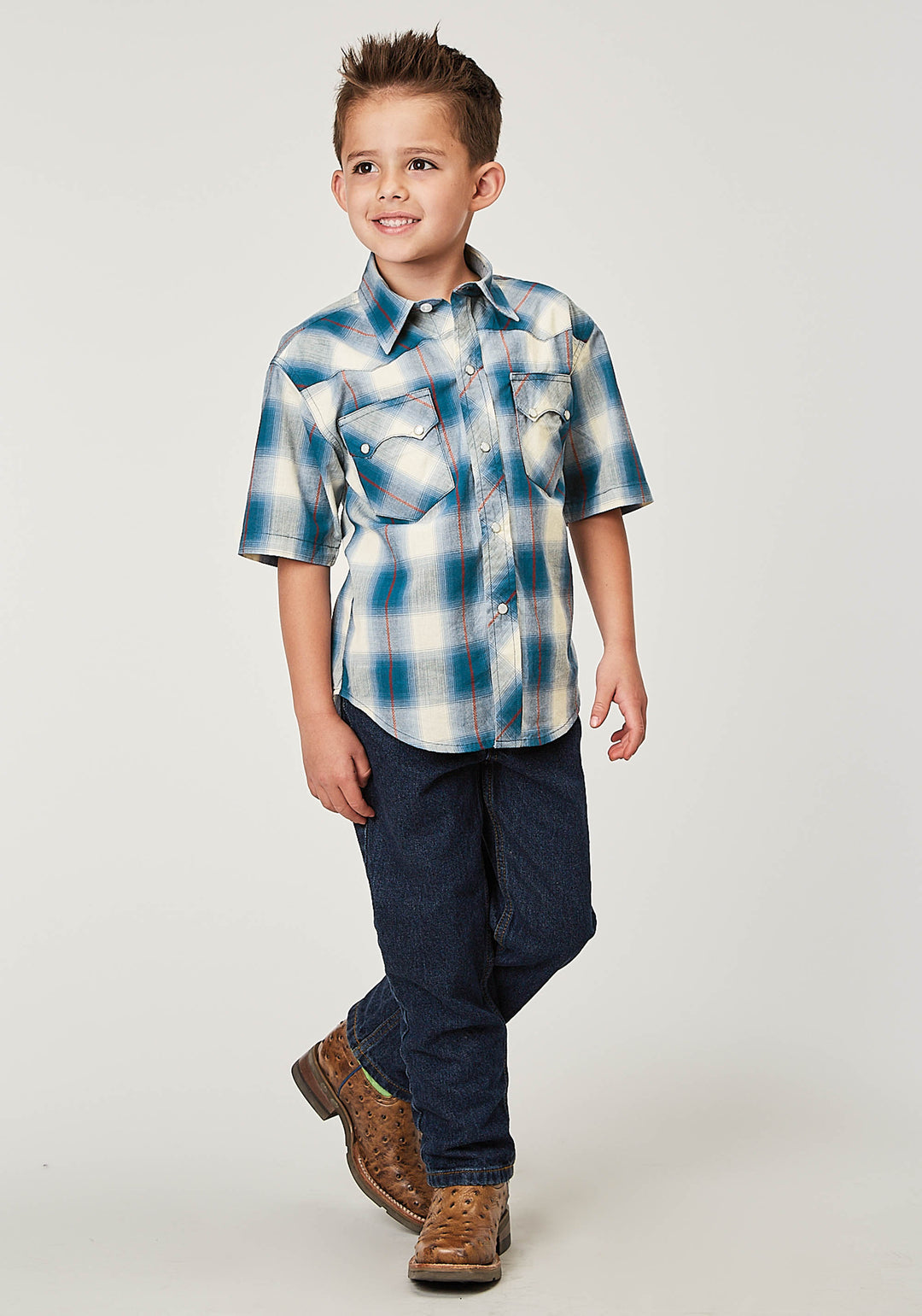 BOYS SHORT SLEEVE SNAP ARROW DOBBY PLAID WESTERN SHIRT