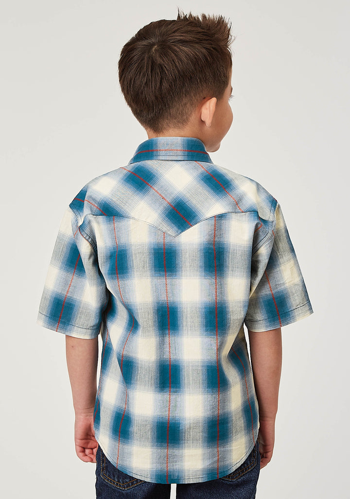 BOYS SHORT SLEEVE SNAP ARROW DOBBY PLAID WESTERN SHIRT