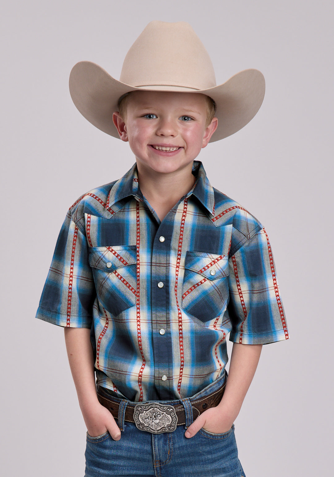 BOYS ROPER STAR DOBBY PLAID SHORT SLEEVE SNAP SHIRT