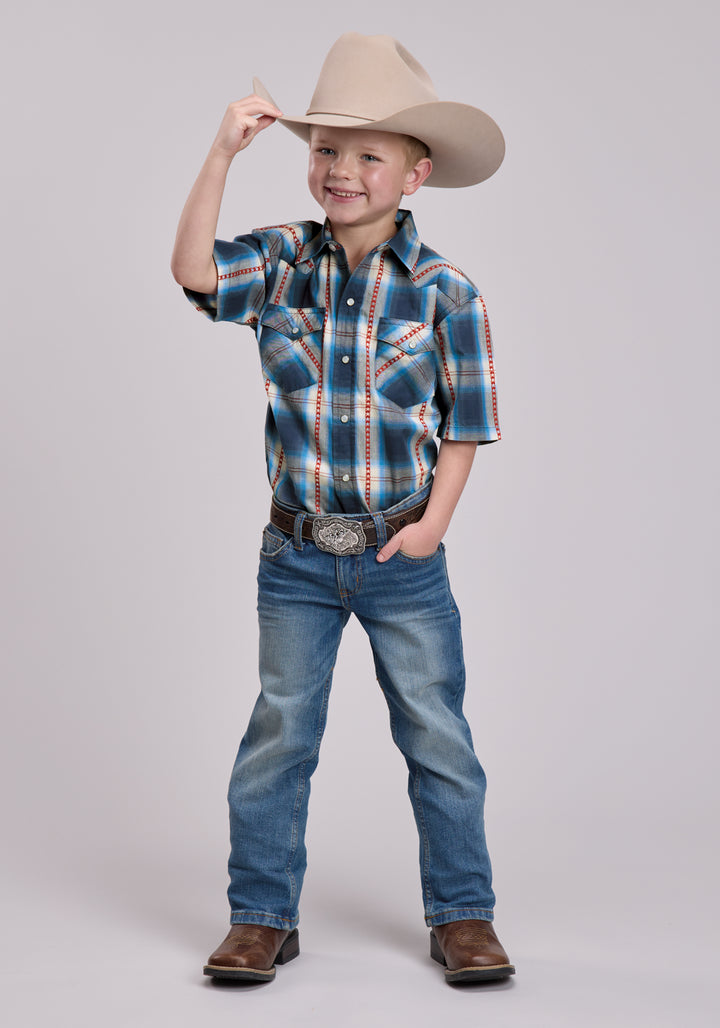 BOYS ROPER STAR DOBBY PLAID SHORT SLEEVE SNAP SHIRT