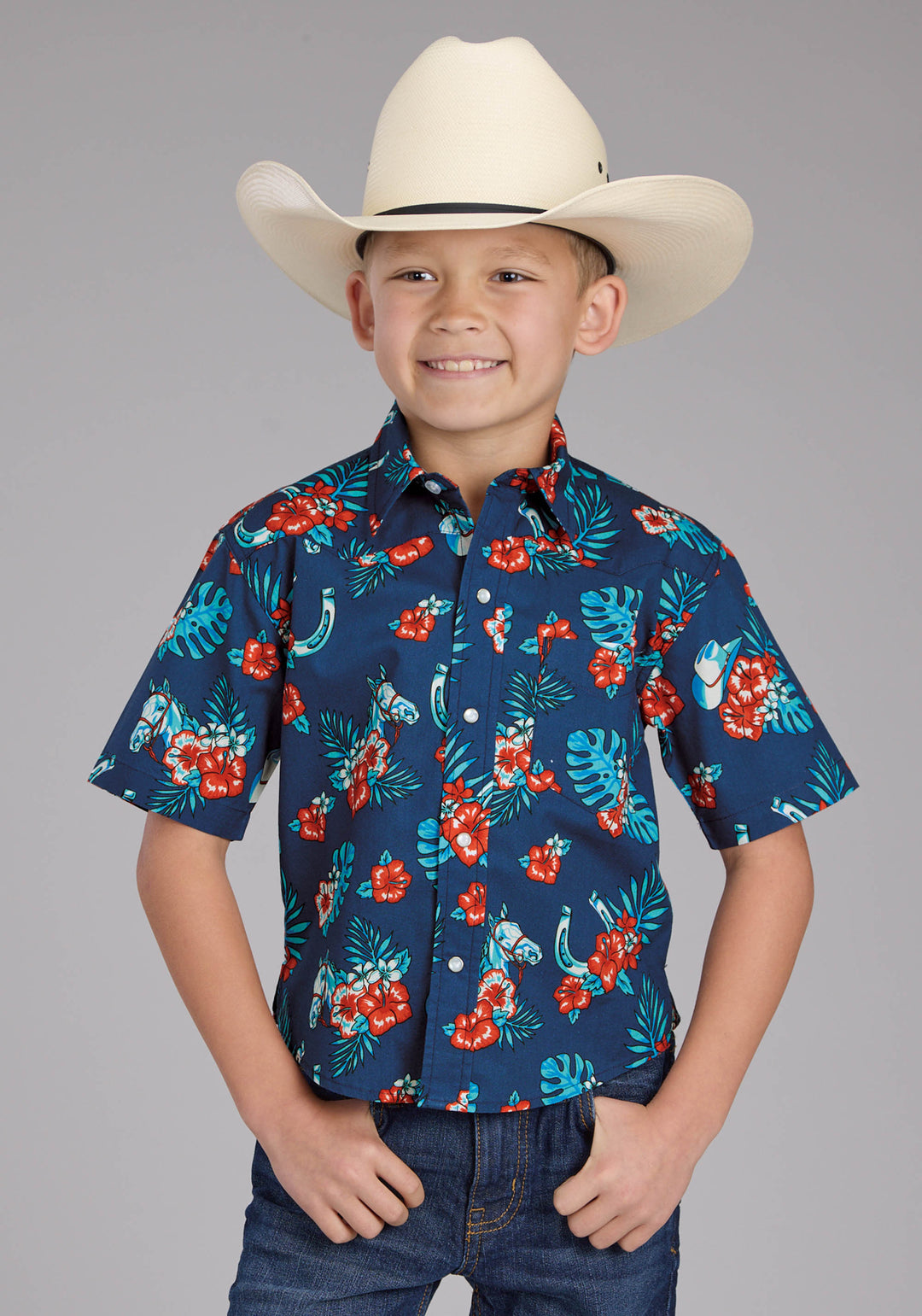 BOYS HAWAIIAN PRINT SHORT SLEEVE SNAP WESTERN SHIRT
